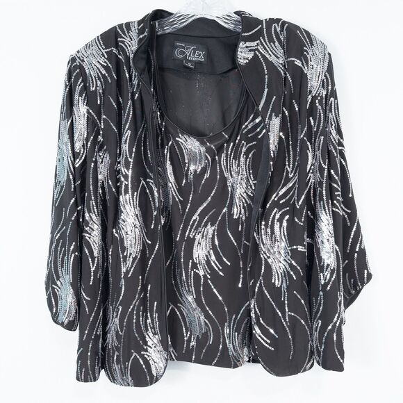 Alex Evenings Sequin Twinset Mandarin Neck Womens 1X Black Silver Event Formal - Picture 1 of 16